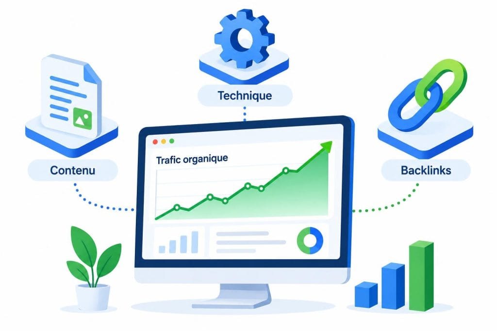 Illustration vectorielle montrant une courbe de trafic en hausse sur un écran d'ordinateur, entourée des icônes SEO : Contenu, Technique et Backlinks.