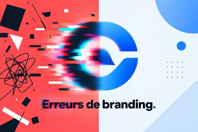 Illustration vectorielle moderne montrant un logo déformé et flou symbolisant les erreurs de branding avec des couleurs vibrantes.