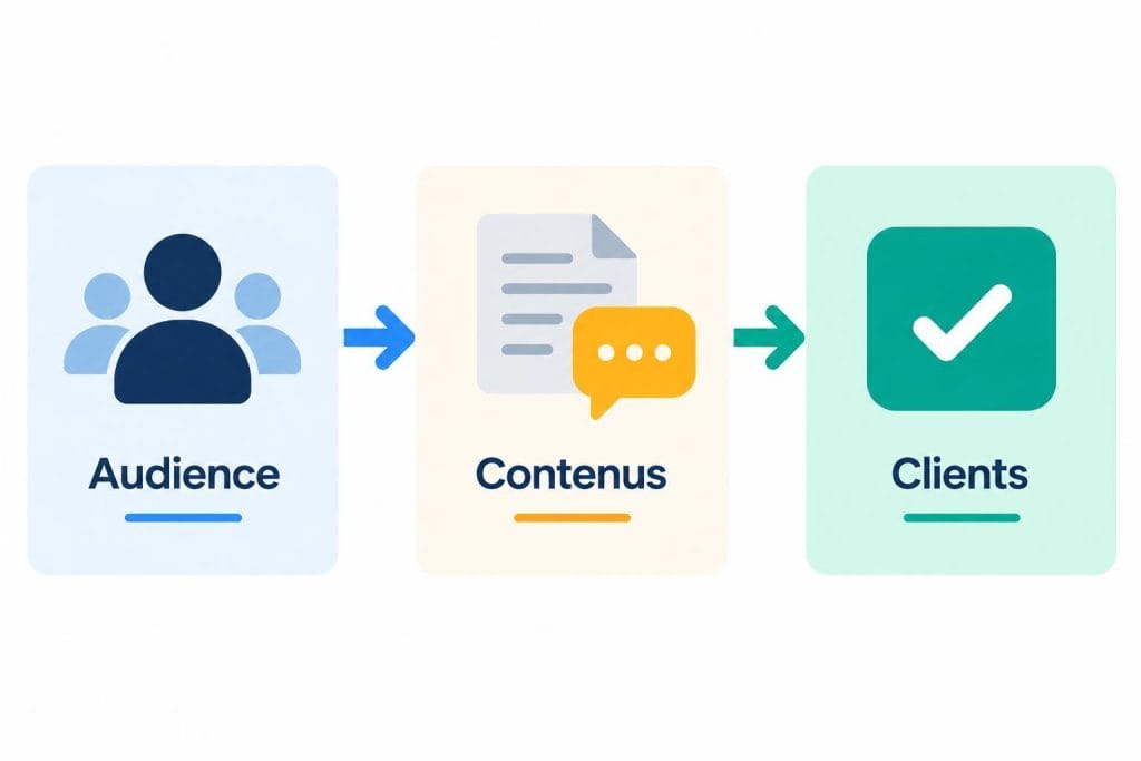 Infographie vectorielle moderne illustrant la stratégie LinkedIn B2B avec les étapes Audience, Contenus et Clients.