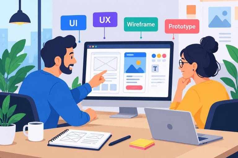 Illustration vectorielle de deux designers collaborant sur des interfaces UI et UX avec des wireframes et prototypes affichés à l'écran.