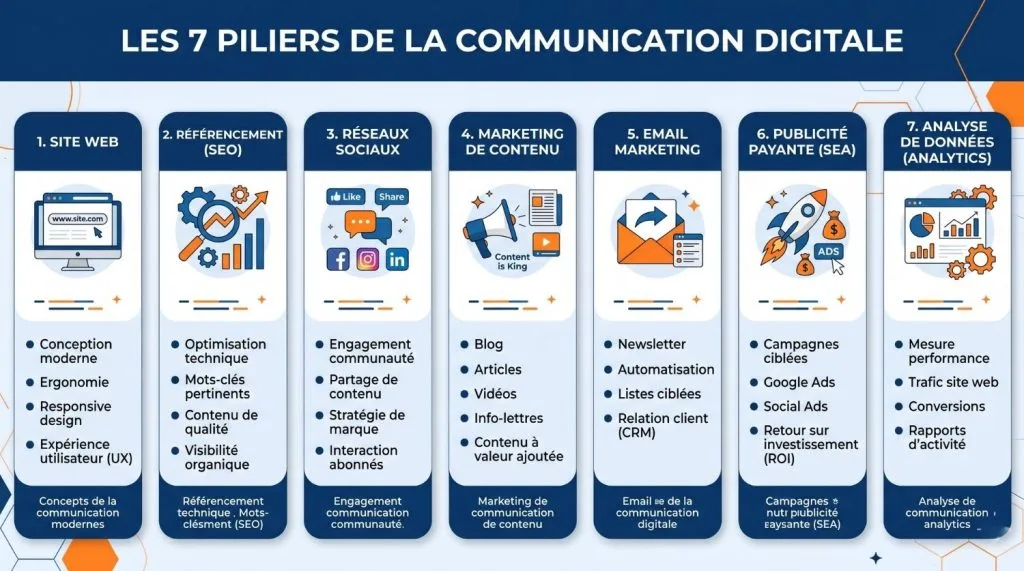 Infographie Les 7 piliers de la communication digitale