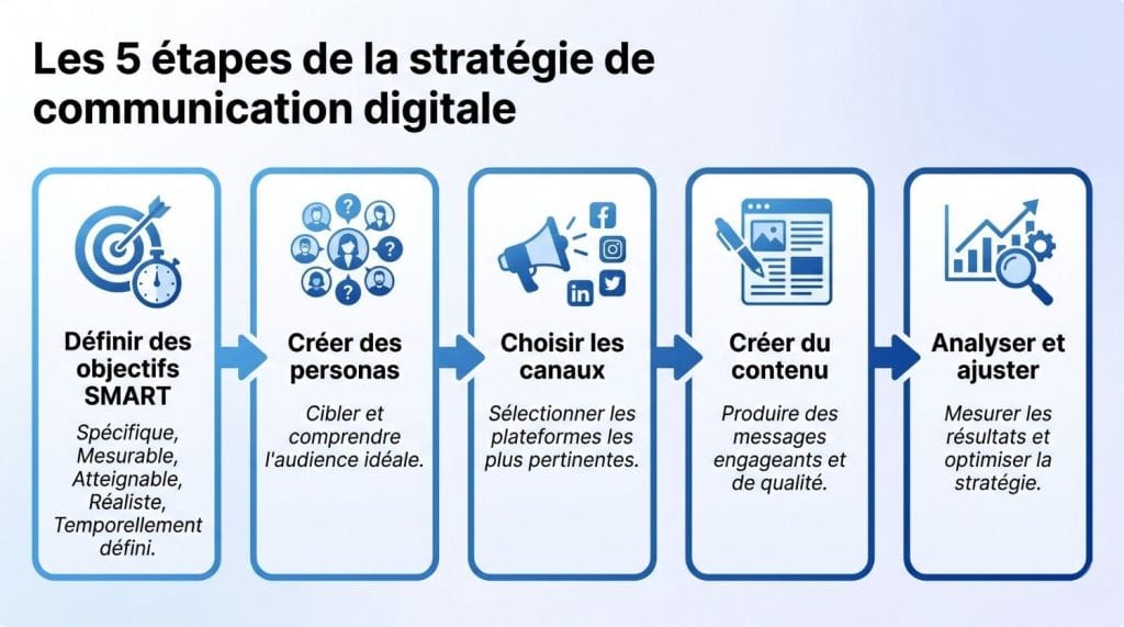 Tableau/schéma Les 5 étapes de la stratégie de communication digitale