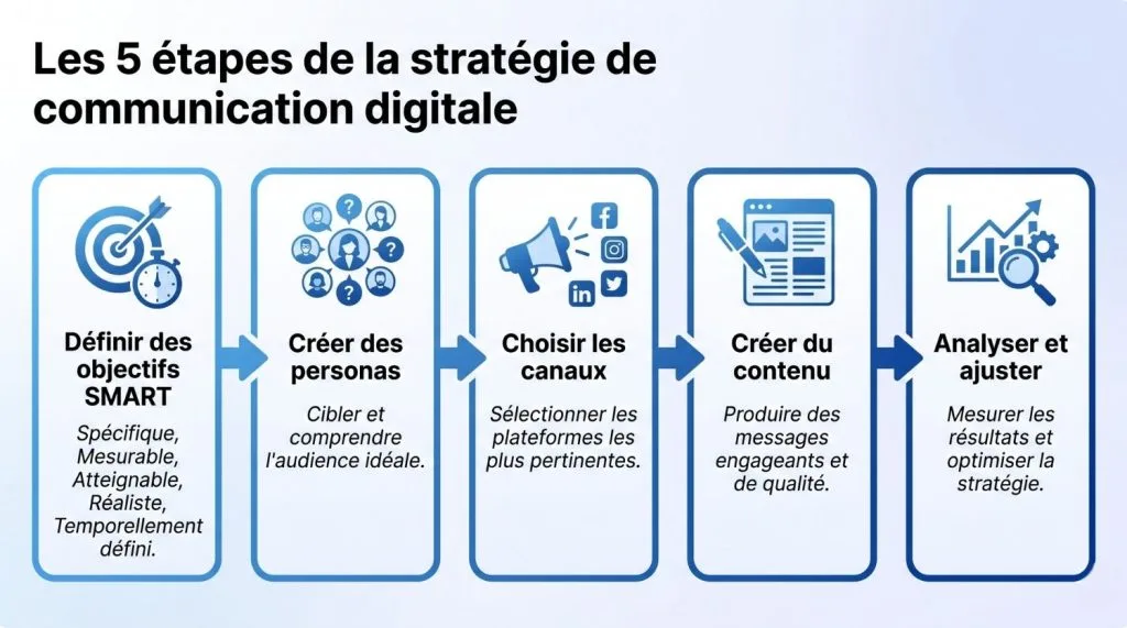 Tableau/schéma Les 5 étapes de la stratégie de communication digitale