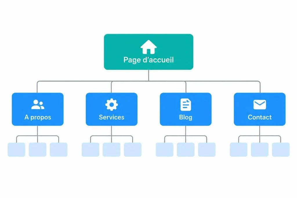 Schéma vectoriel d'une arborescence de site web hiérarchisée avec la page d'accueil au sommet et les sections principales comme le blog et les services en dessous.