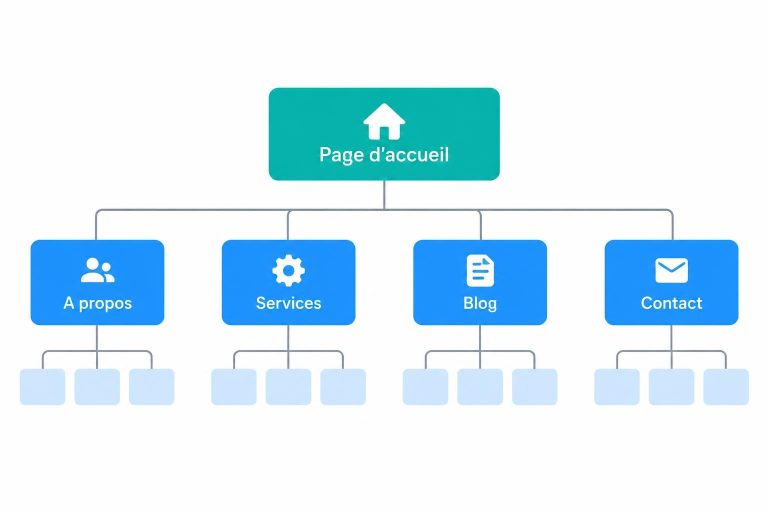Schéma vectoriel d'une arborescence de site web hiérarchisée avec la page d'accueil au sommet et les sections principales comme le blog et les services en dessous.