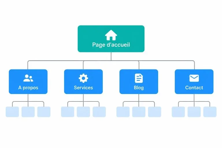Schéma vectoriel d'une arborescence de site web hiérarchisée avec la page d'accueil au sommet et les sections principales comme le blog et les services en dessous.