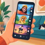 Illustration vectorielle d'une main tenant un smartphone affichant un fil de snack content coloré et dynamique.