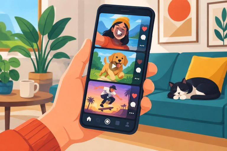 Illustration vectorielle d'une main tenant un smartphone affichant un fil de snack content coloré et dynamique.
