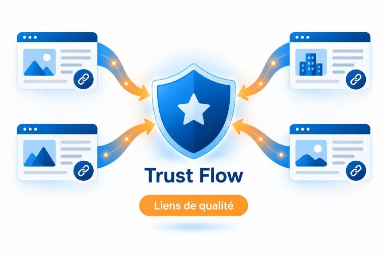 Illustration vectorielle montrant le flux de confiance SEO avec un bouclier central recevant des liens de sites externes de qualité.
